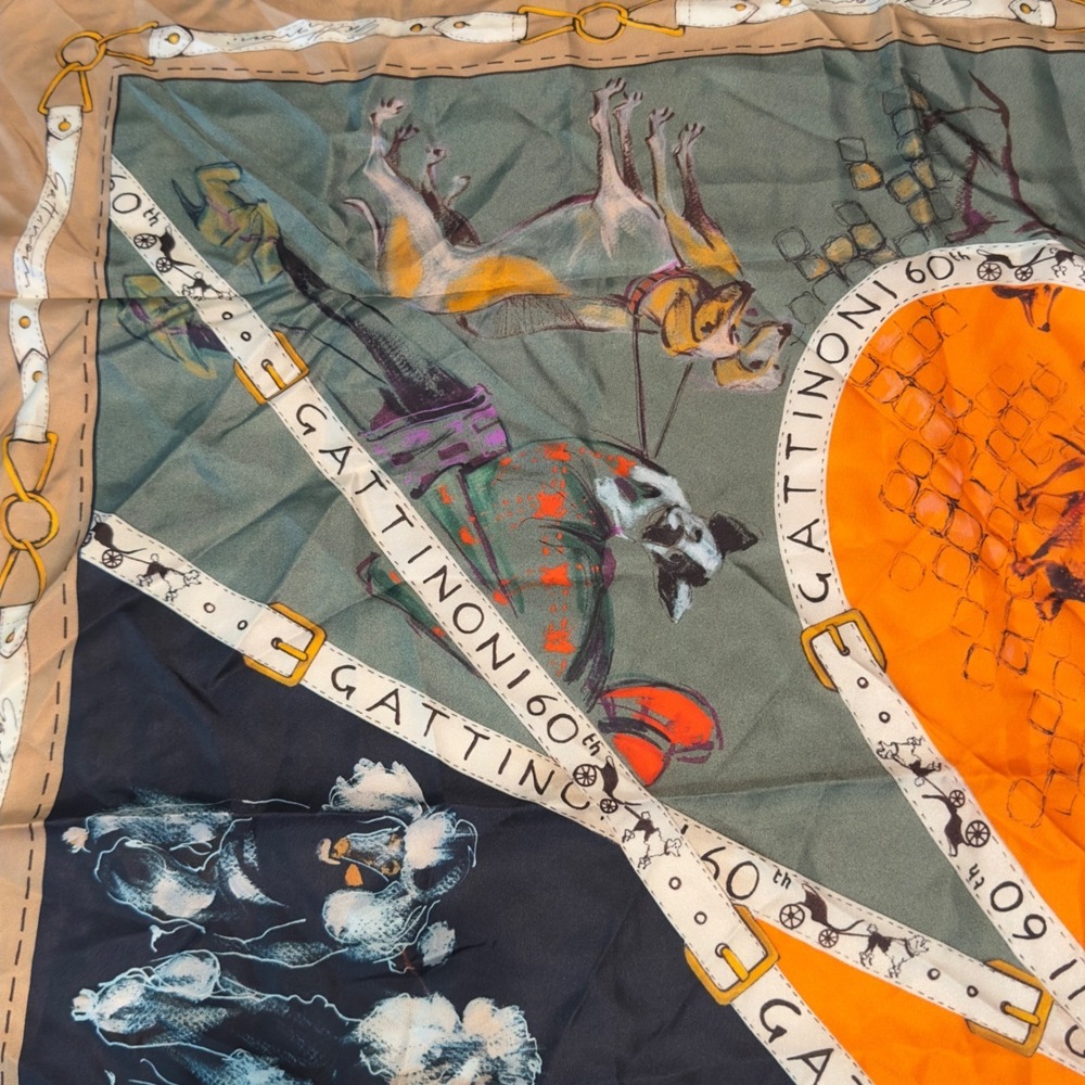 Gattinoni Roma 60th Anniversary Silk Scarf Made in Italy Orange Dog Print 35x36" - Picture 5 of 10